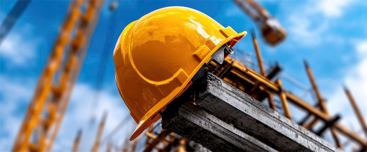 Casco da cantiere appoggiato su una trave, con le gru sullo sfondo