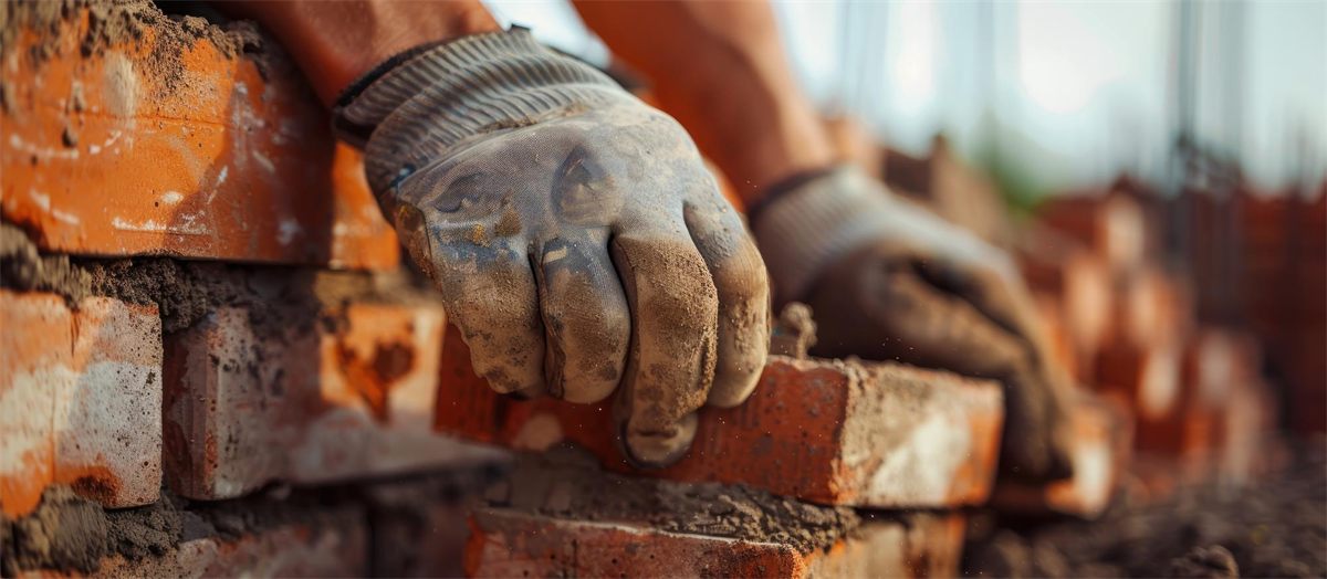 Mani con i guanti da lavoro posano un mattone su un muro
