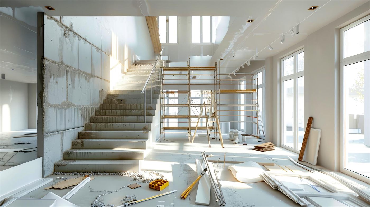 Interno in ristrutturazione con scala in cemento e ponteggio